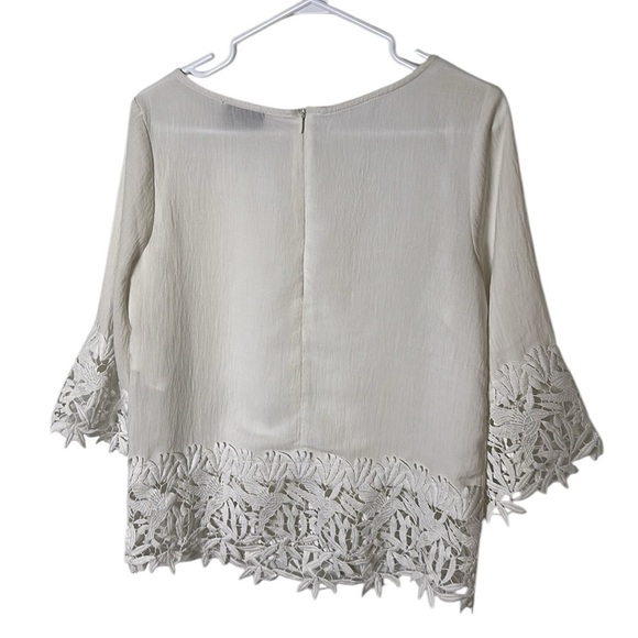 Joseph Ribkoff white heavy lace Trim Blouse.PTP 19”, OVERSIZED,sheer,boxy - Picture 6 of 16